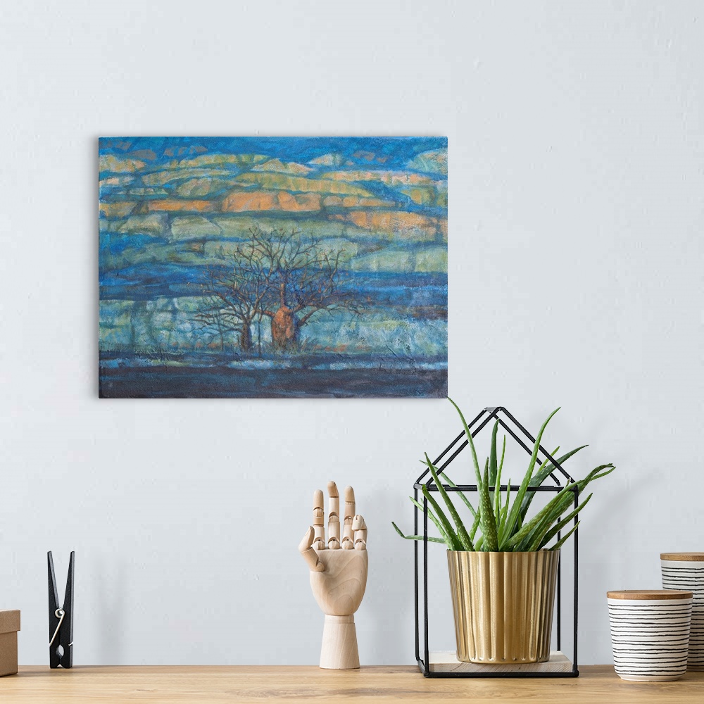 A bohemian room featuring Painting, landscape, originally acrylic.