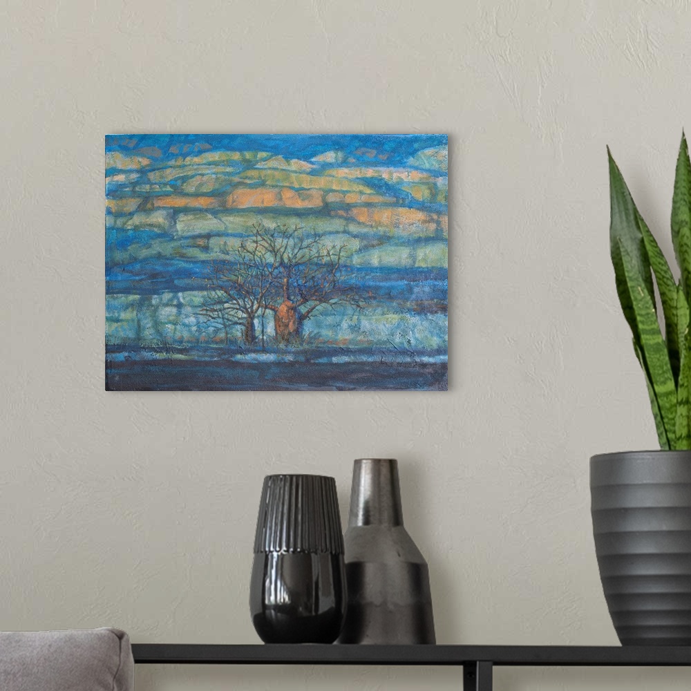 A modern room featuring Painting, landscape, originally acrylic.