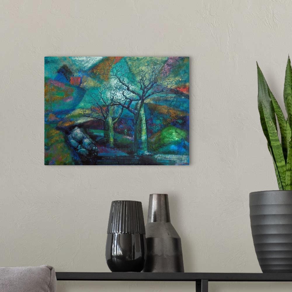 A modern room featuring Painting, landscape, originally acrylic.