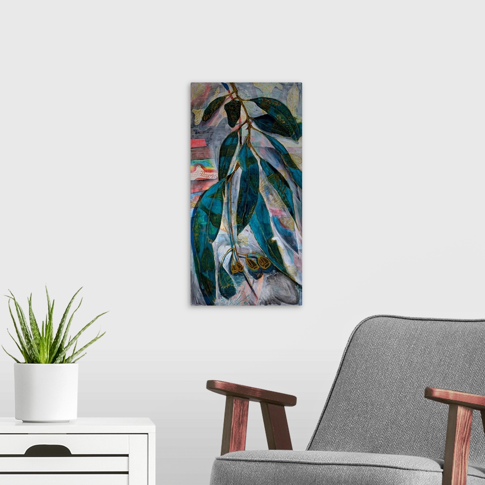 A modern room featuring Vertical painting of a branch with teal leaves that begins to wither and show golden-brown marks ...