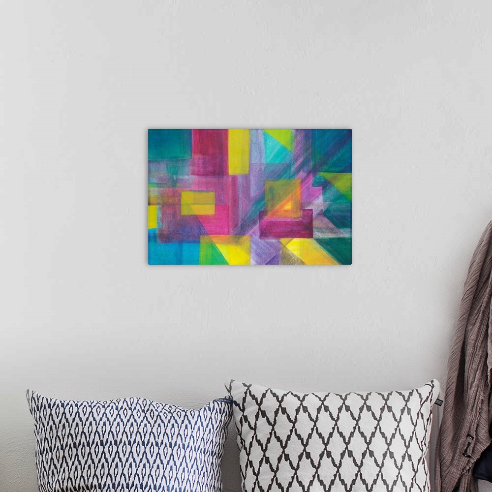 A bohemian room featuring Painting on paper of geometric shapes harmonizing in vibrant tones.