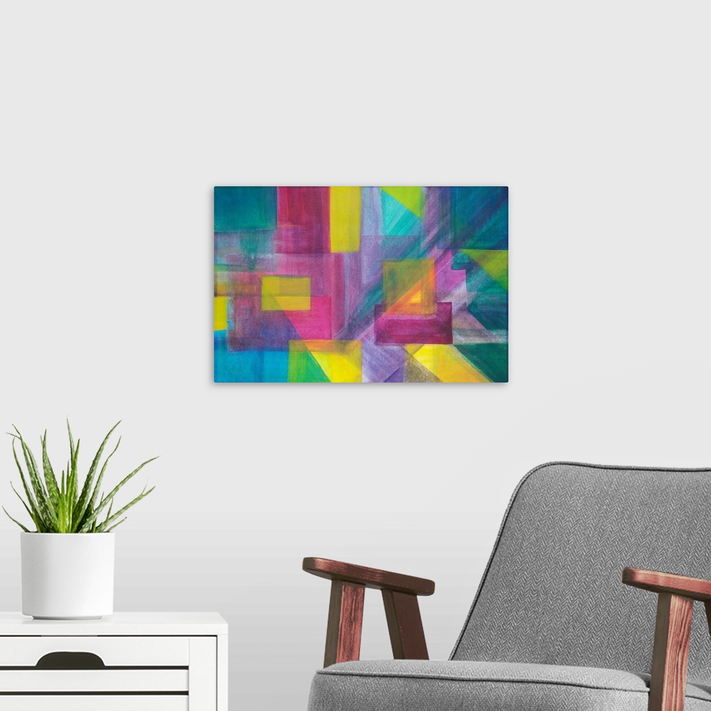 A modern room featuring Painting on paper of geometric shapes harmonizing in vibrant tones.