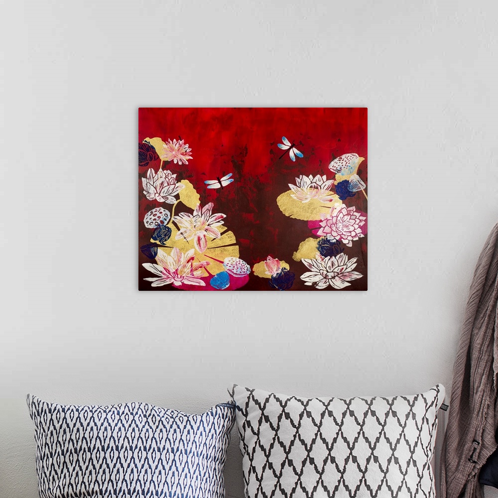 A bohemian room featuring Painting of two dragonflies in pond with lotus flowers and pods with crimson background.