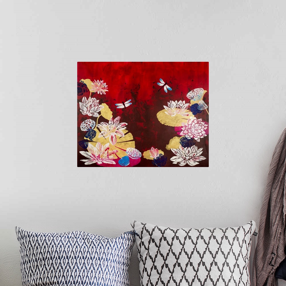 A bohemian room featuring Painting of two dragonflies in pond with lotus flowers and pods with crimson background.