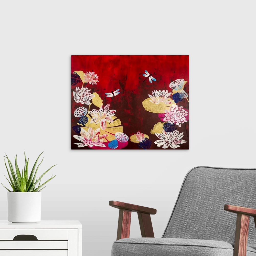 A modern room featuring Painting of two dragonflies in pond with lotus flowers and pods with crimson background.