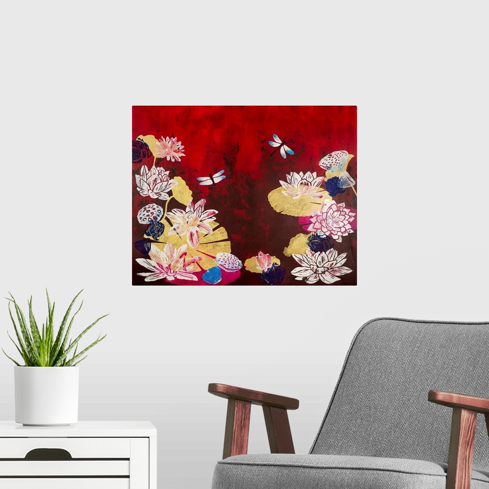 A modern room featuring Painting of two dragonflies in pond with lotus flowers and pods with crimson background.