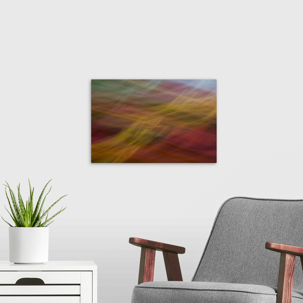A modern room featuring Impressionist photograph of a garden with a soft appeal.