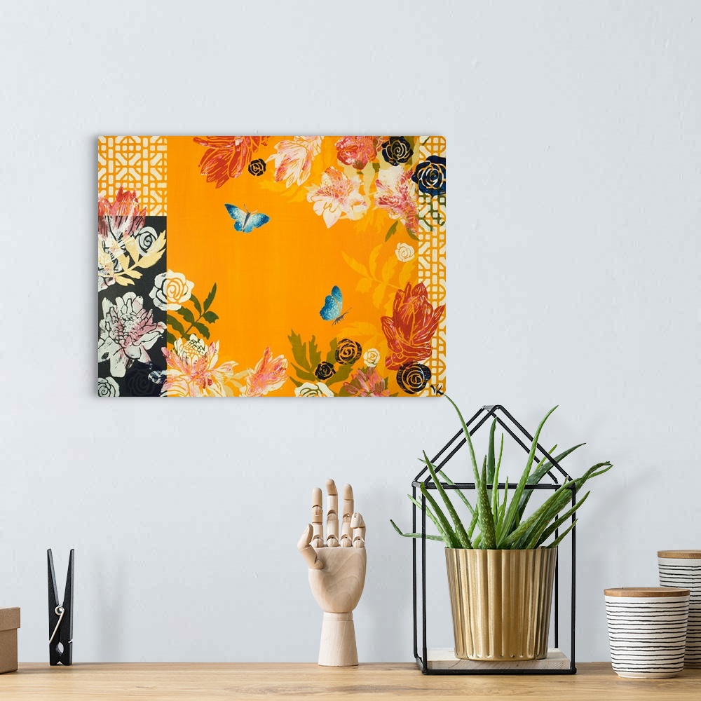 A bohemian room featuring Painting of two butterflies in garden of ginger flowers with yellow background and navy and yello...