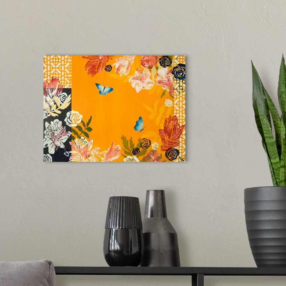A modern room featuring Painting of two butterflies in garden of ginger flowers with yellow background and navy and yello...