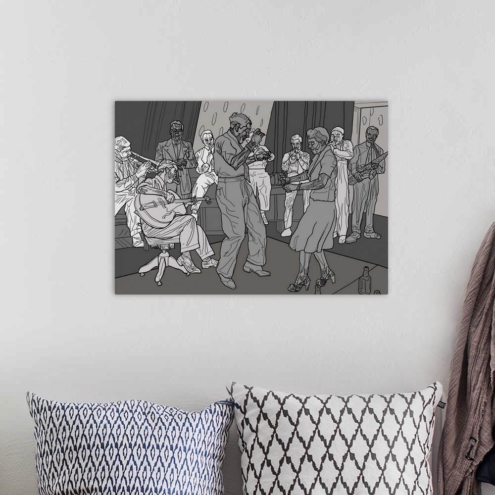 A bohemian room featuring Illustration of 1930's human and robotic jazz dancers and band.