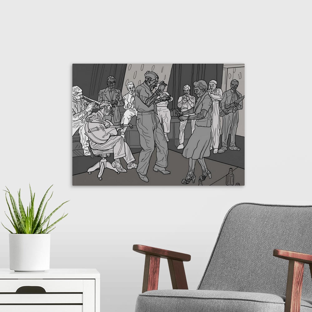 A modern room featuring Illustration of 1930's human and robotic jazz dancers and band.