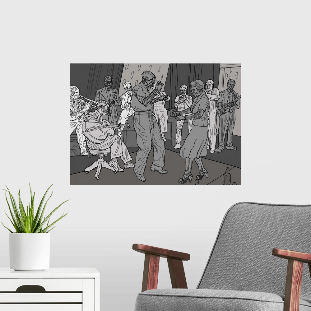 A modern room featuring Illustration of 1930's human and robotic jazz dancers and band.