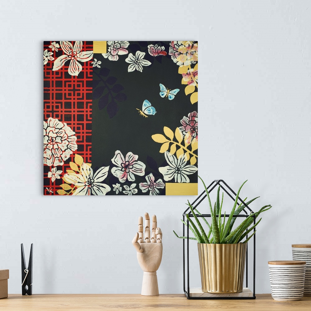 A bohemian room featuring Painting of two butterflies flying in garden of peonies with nacvy background and red screen.