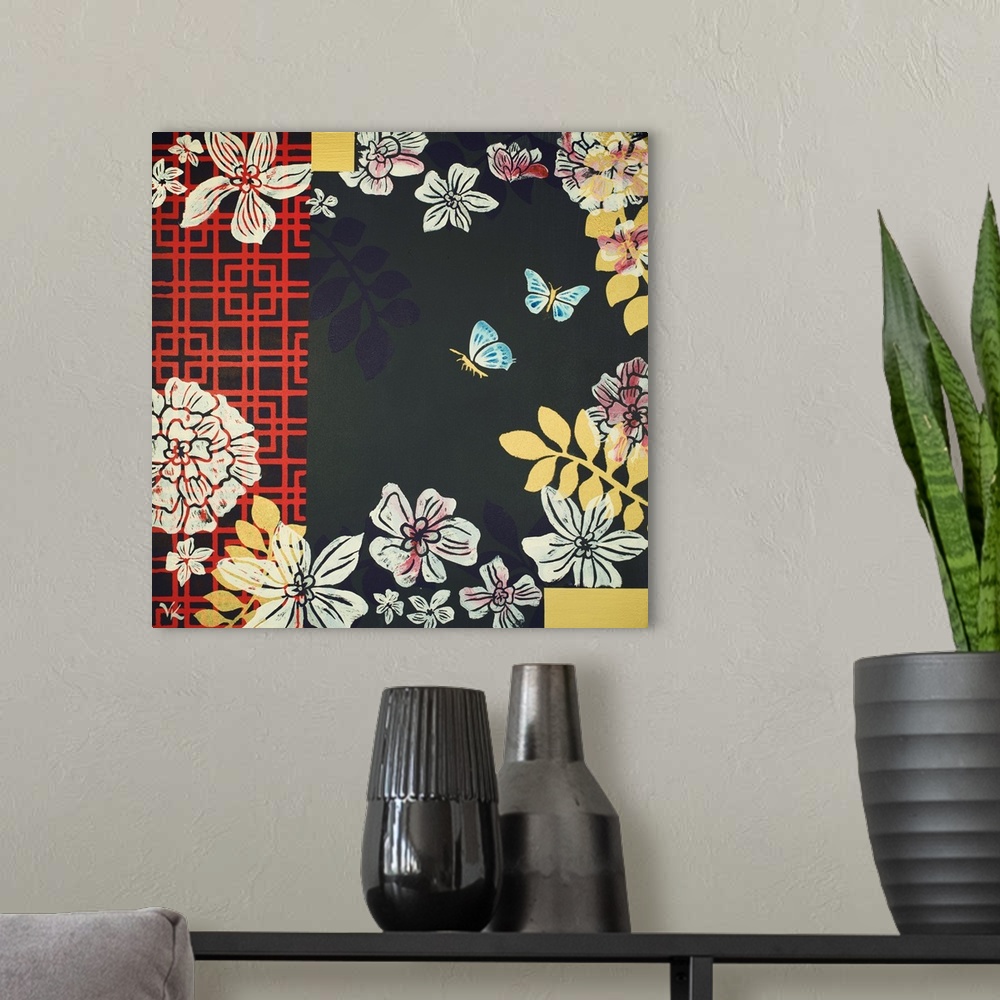 A modern room featuring Painting of two butterflies flying in garden of peonies with nacvy background and red screen.
