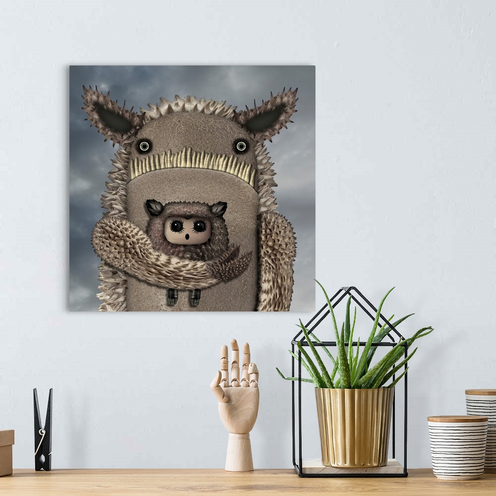 A bohemian room featuring The monster of kindness might look prickly, but he has a heart of gold, and is gently holding a s...