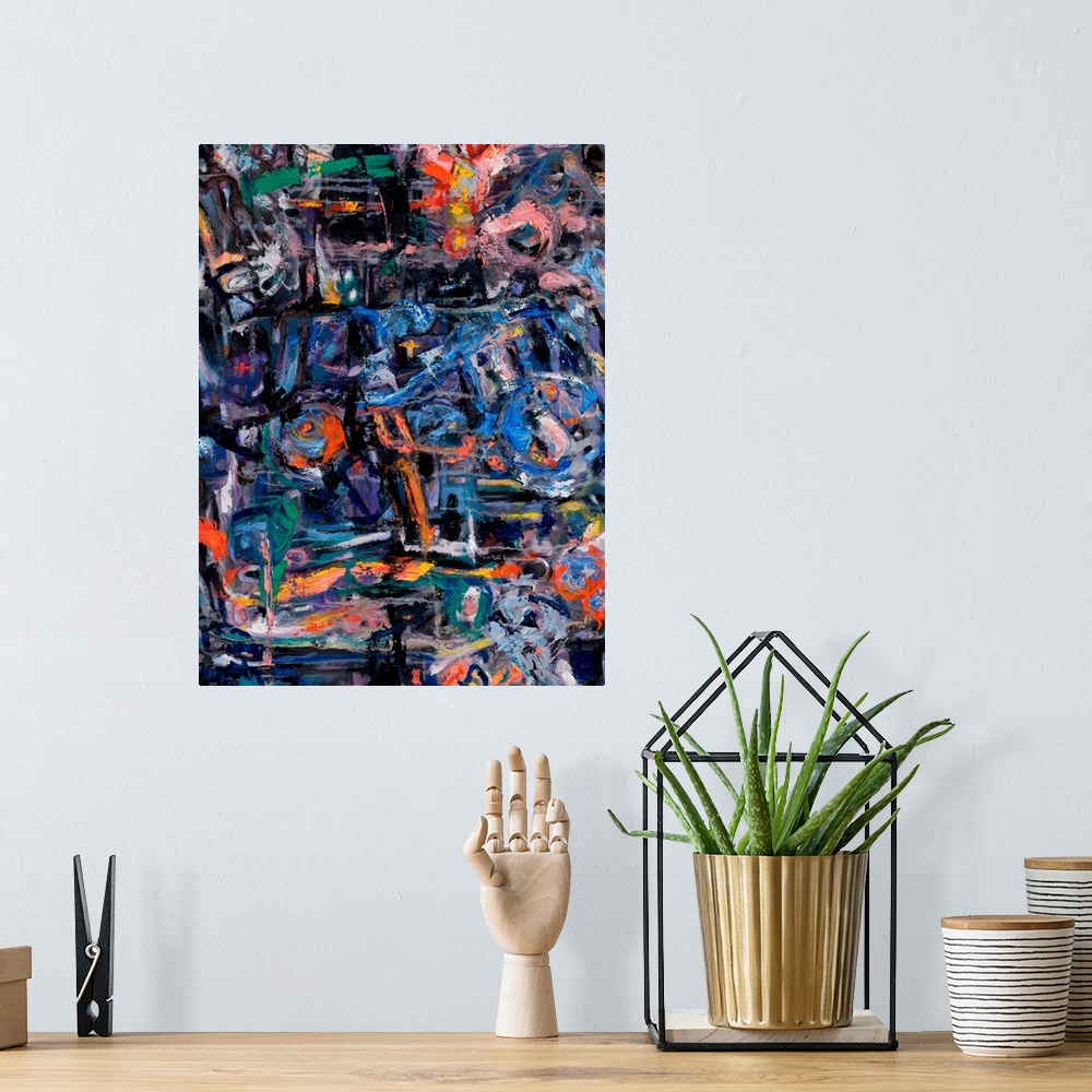 A bohemian room featuring An abstract painting of the randomness and scantiness of thoughts depicted by both dark and bight...