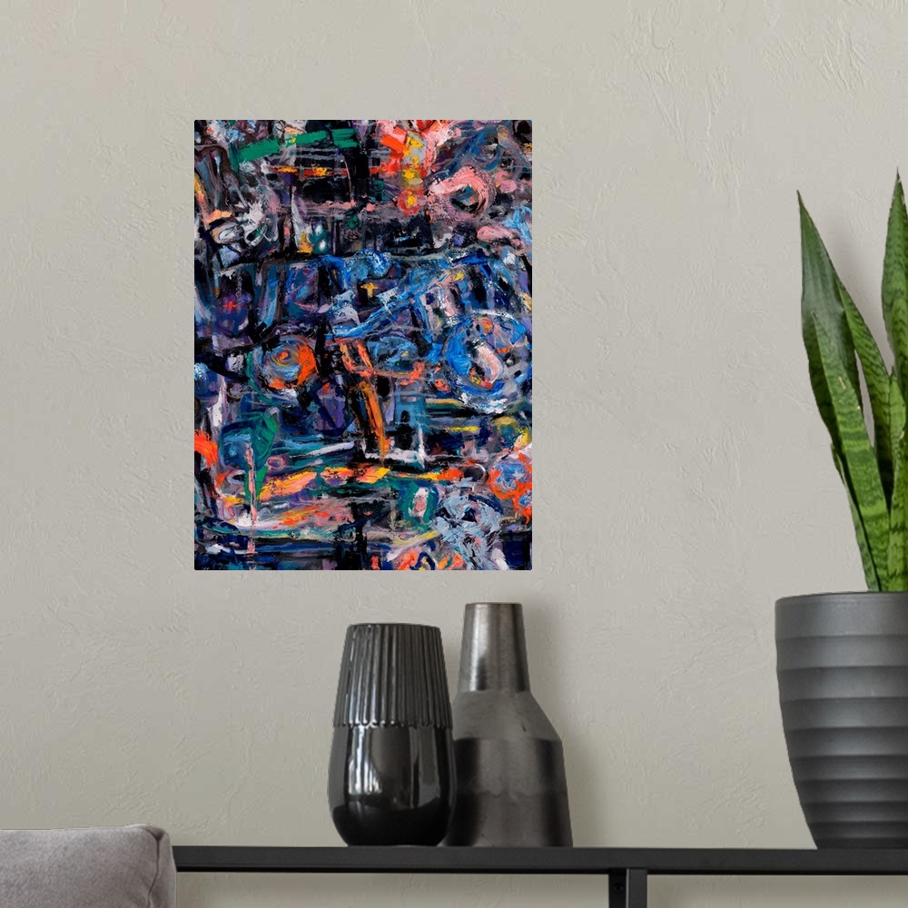 A modern room featuring An abstract painting of the randomness and scantiness of thoughts depicted by both dark and bight...