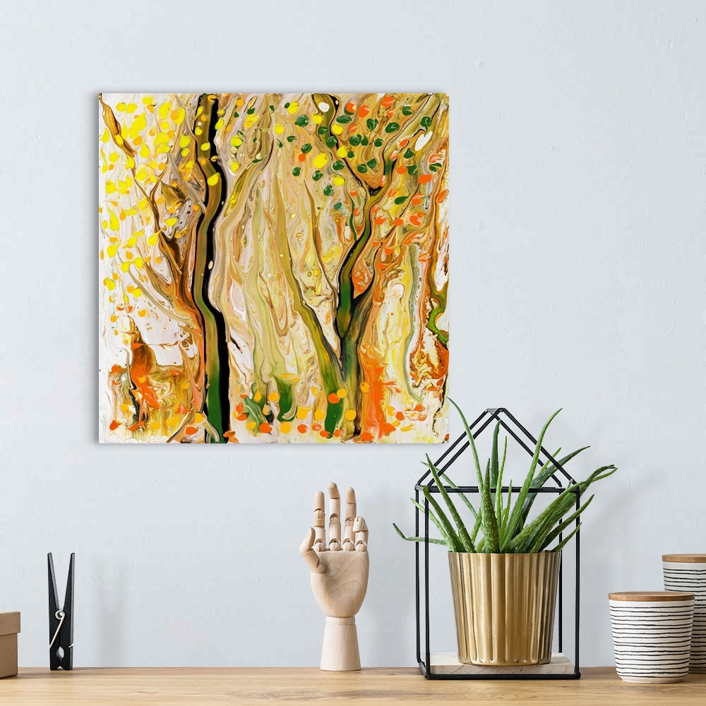 A bohemian room featuring Pour painting of a forest in warm tones using thick brushstrokes and paint marks at the front for...