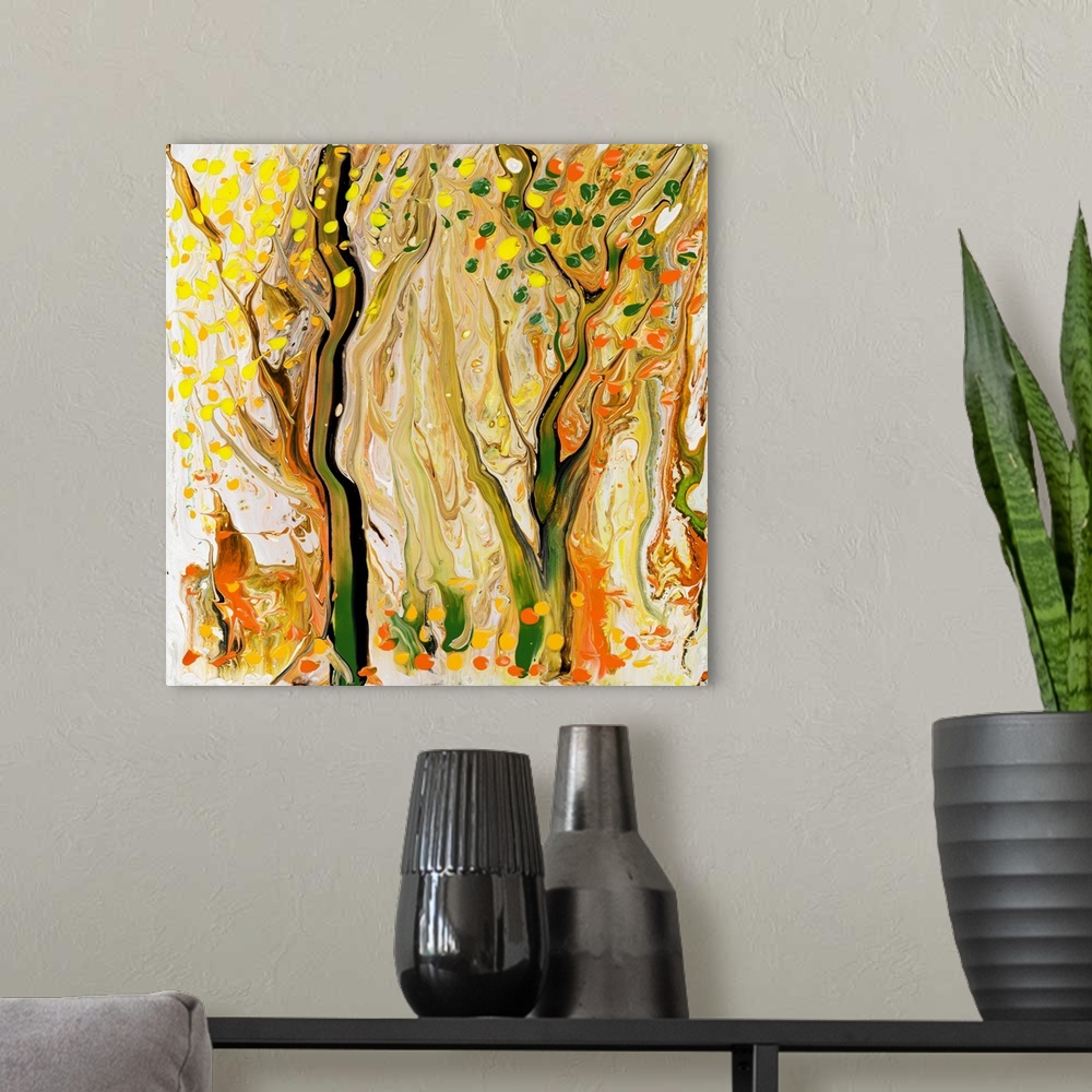 A modern room featuring Pour painting of a forest in warm tones using thick brushstrokes and paint marks at the front for...
