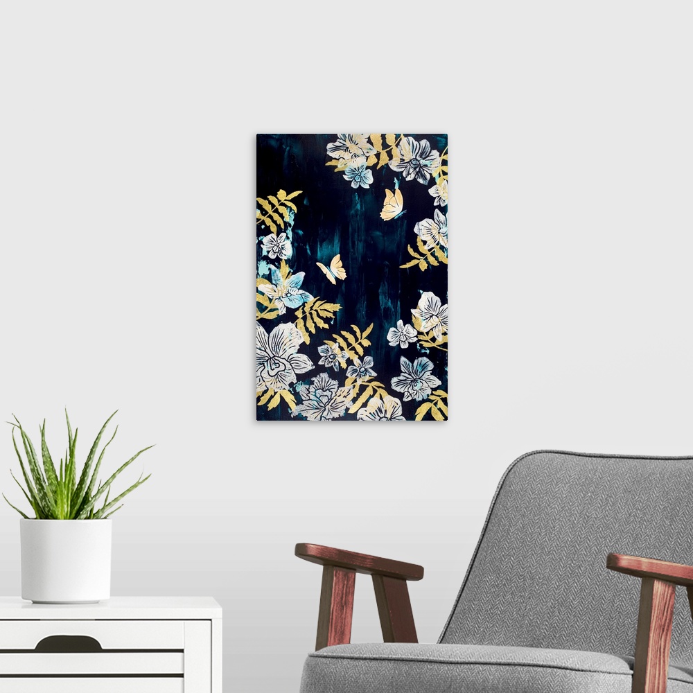 A modern room featuring Painting of two butterflies in garden of orchids with dark teal background.