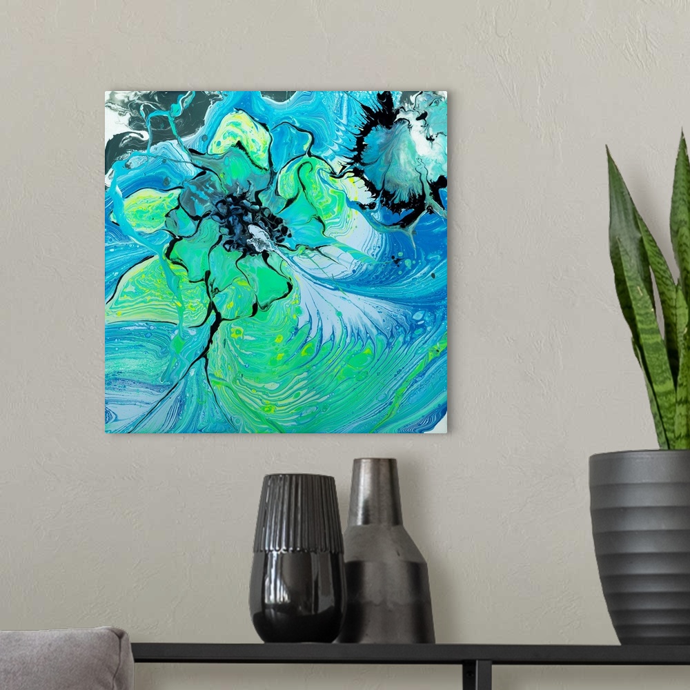 A modern room featuring Abstract painting in pouring technique using consecutive layers of blue and green paint to create...