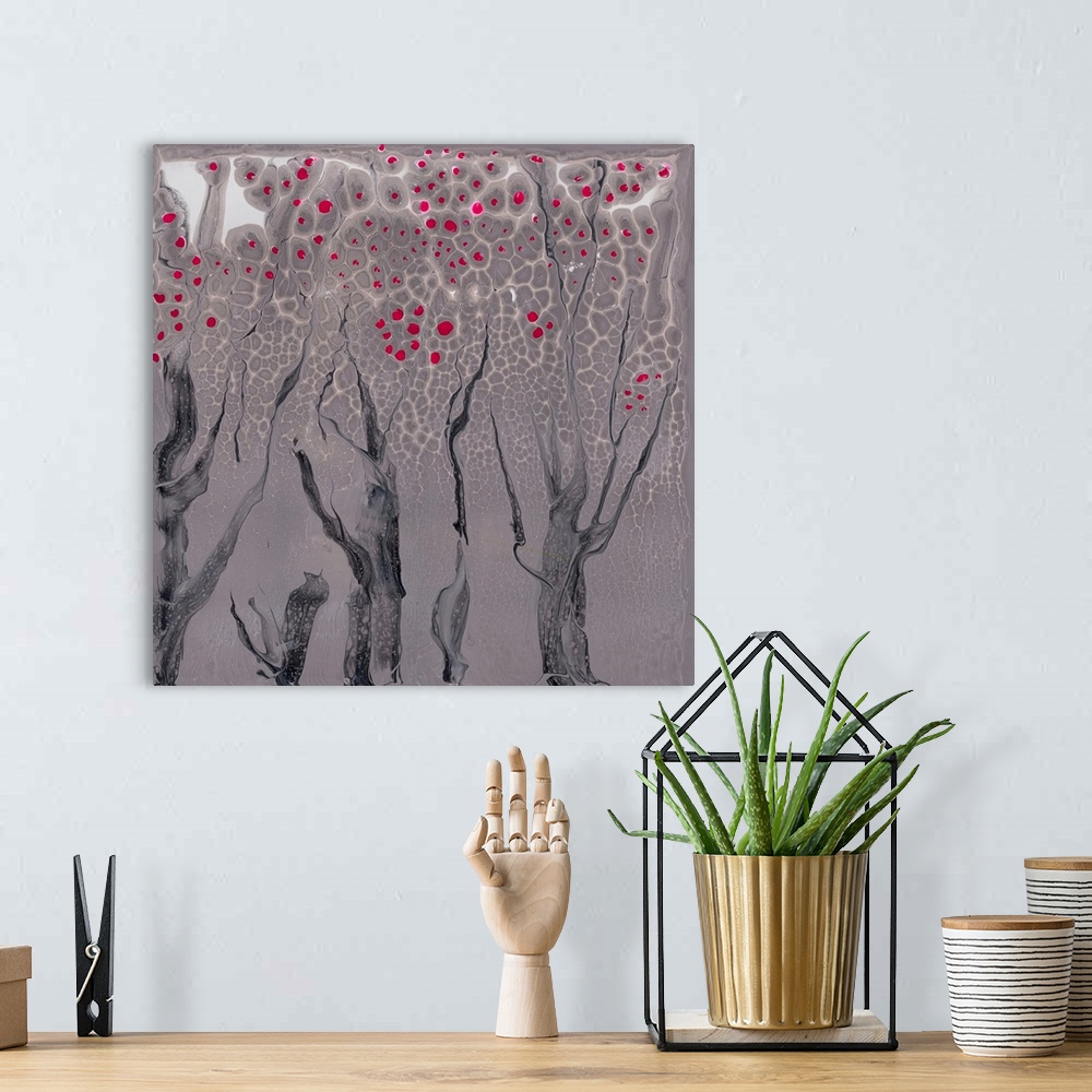 A bohemian room featuring Abstract pour painting of trees with gloomy gray-beige background and hot pinks of cherry bloom f...