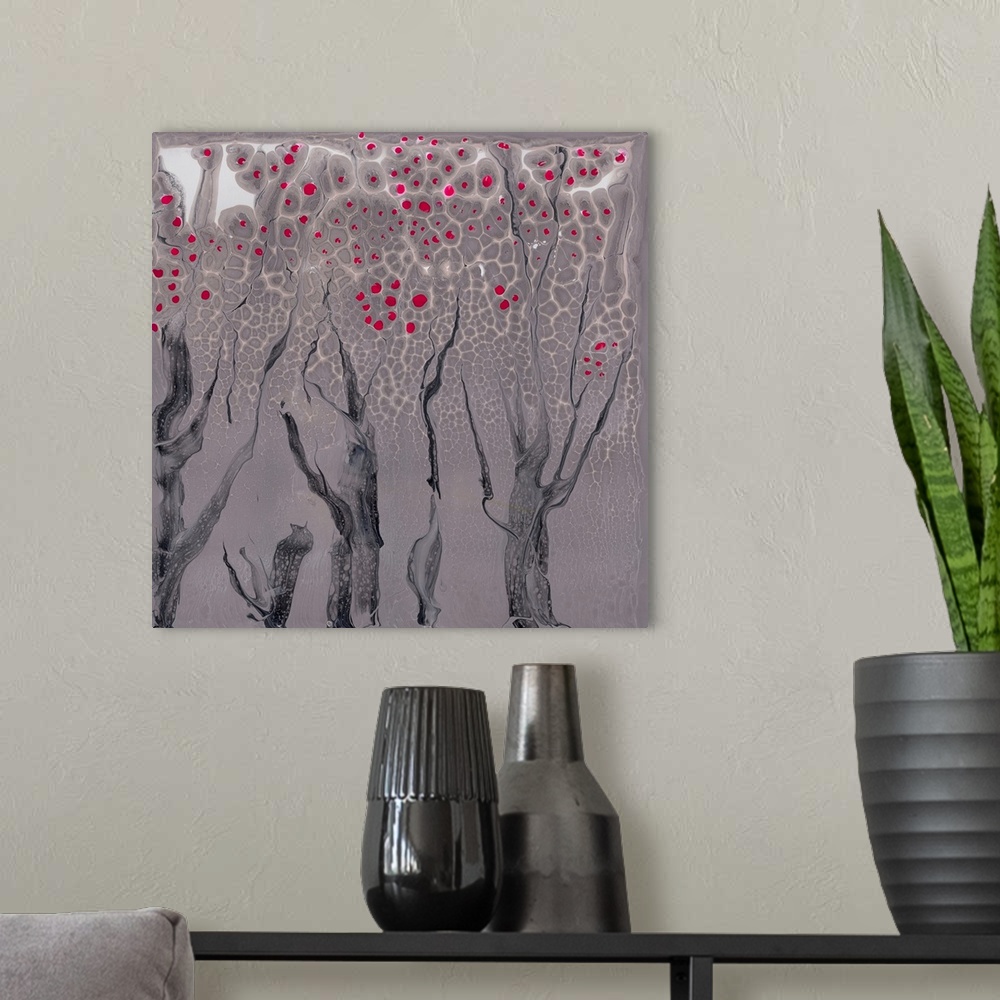 A modern room featuring Abstract pour painting of trees with gloomy gray-beige background and hot pinks of cherry bloom f...