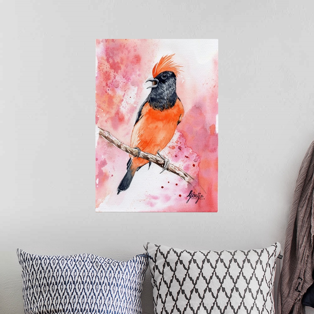 A bohemian room featuring Orange is the color most easily seen in dim light; this bright orange bird is painted in watercol...
