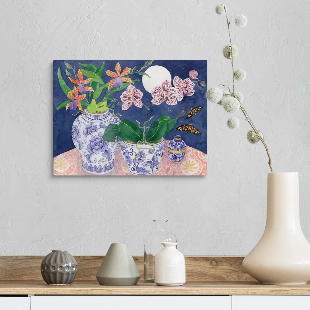 A farmhouse room featuring Still life arrangement with orchids in blue and white ceramics.