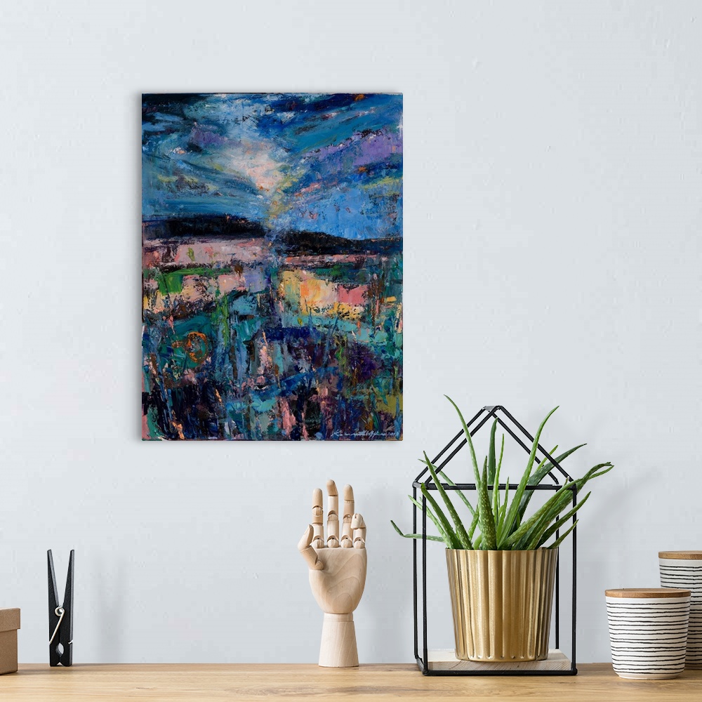 A bohemian room featuring An imaginary abstract landscape view and mood of evening strolls in autumn through the meadows wi...