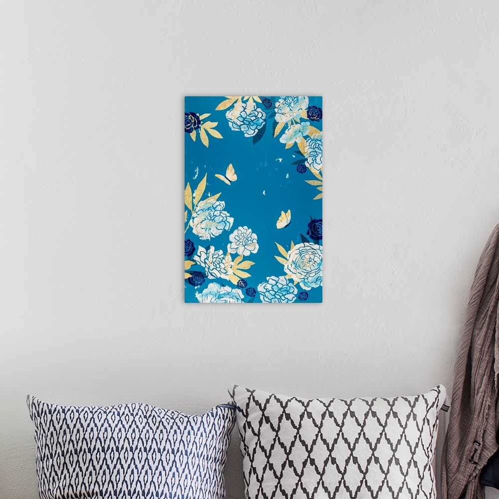 A bohemian room featuring Painting of two butterflies in garden of peonies with turquoise background.