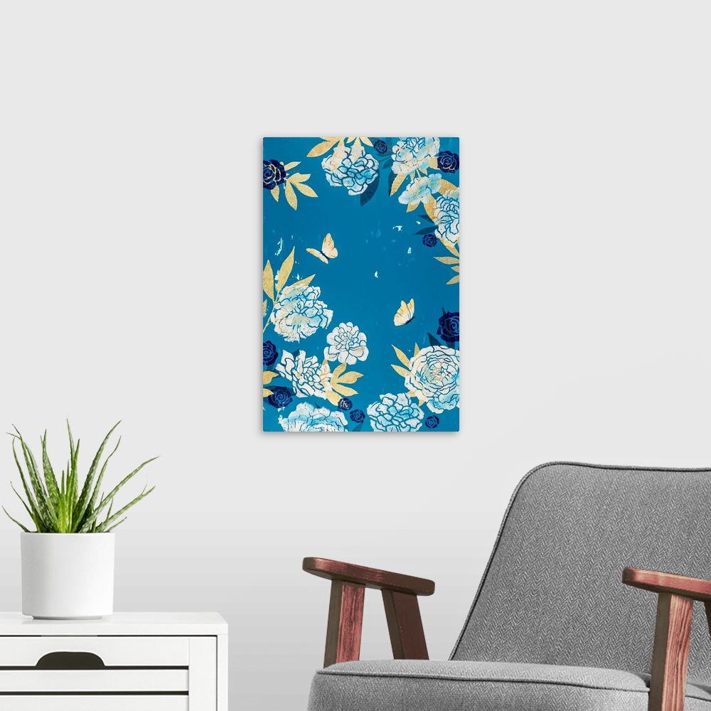 A modern room featuring Painting of two butterflies in garden of peonies with turquoise background.