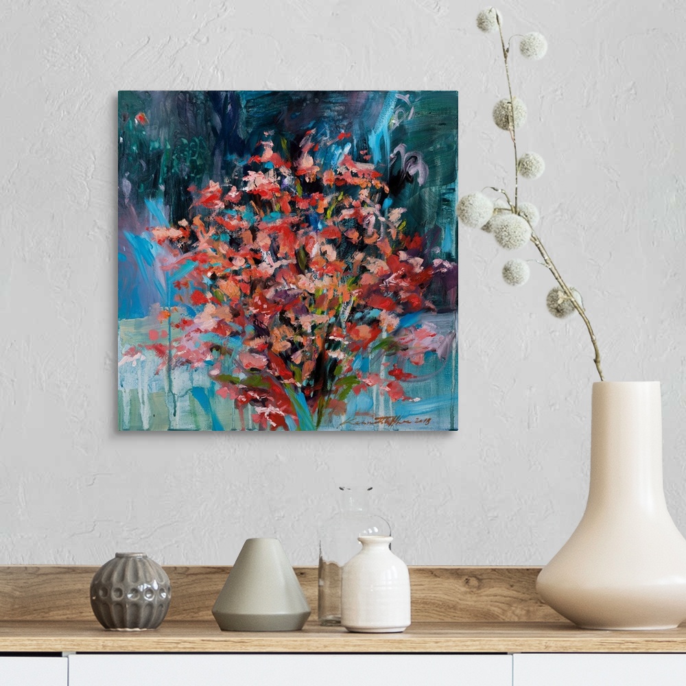 A farmhouse room featuring An abstract painting of a floral arrangement.