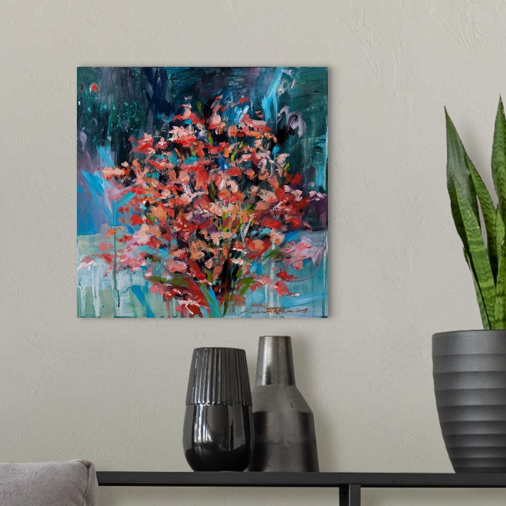 A modern room featuring An abstract painting of a floral arrangement.
