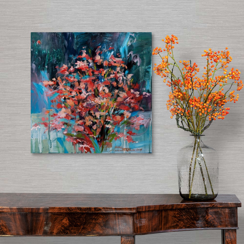 A traditional room featuring An abstract painting of a floral arrangement.