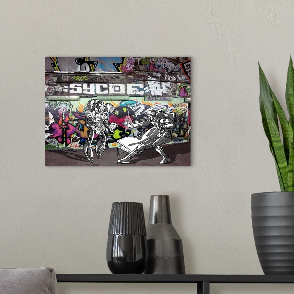 A modern room featuring Graffiti photograph with illustration of a superhero fighting a robot.