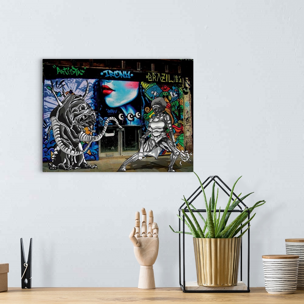 A bohemian room featuring Graffiti photograph with illustration of a female superhero fighting a monster.