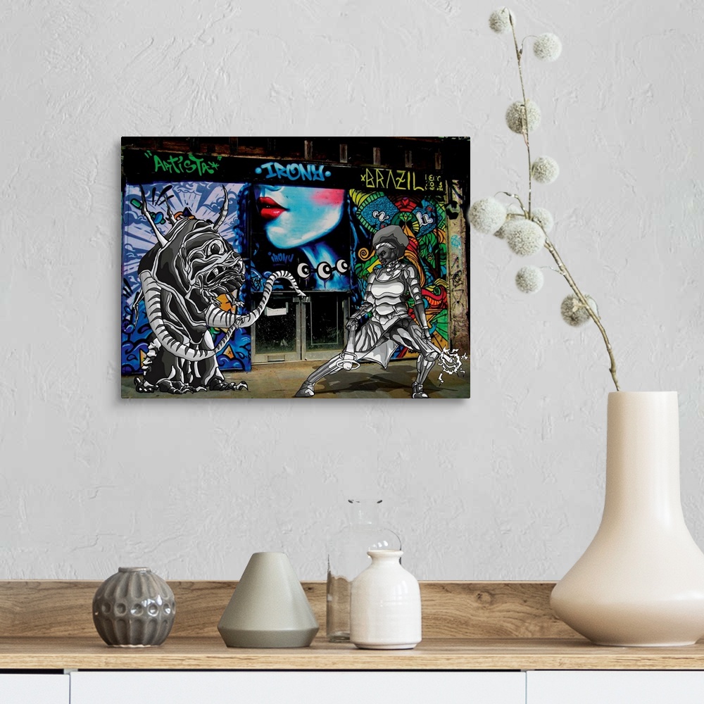 A farmhouse room featuring Graffiti photograph with illustration of a female superhero fighting a monster.