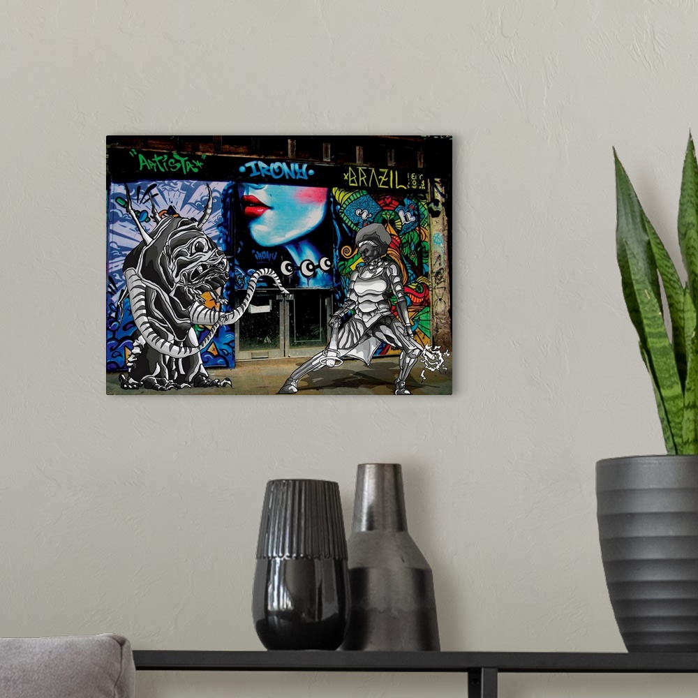 A modern room featuring Graffiti photograph with illustration of a female superhero fighting a monster.