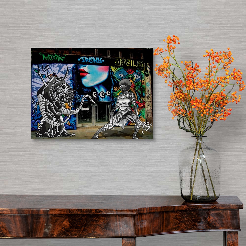 A traditional room featuring Graffiti photograph with illustration of a female superhero fighting a monster.