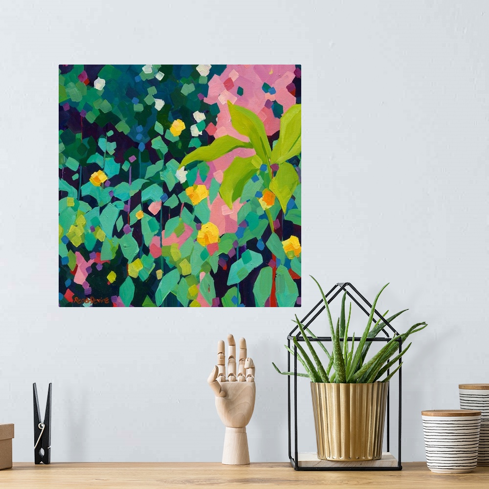 A bohemian room featuring Contemporary painting of green leaves with a dark green and pink background.