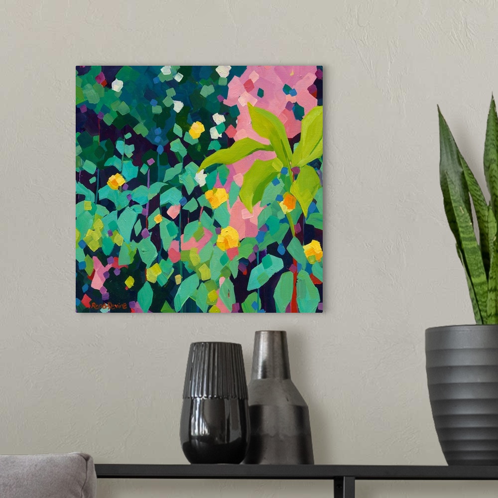 A modern room featuring Contemporary painting of green leaves with a dark green and pink background.