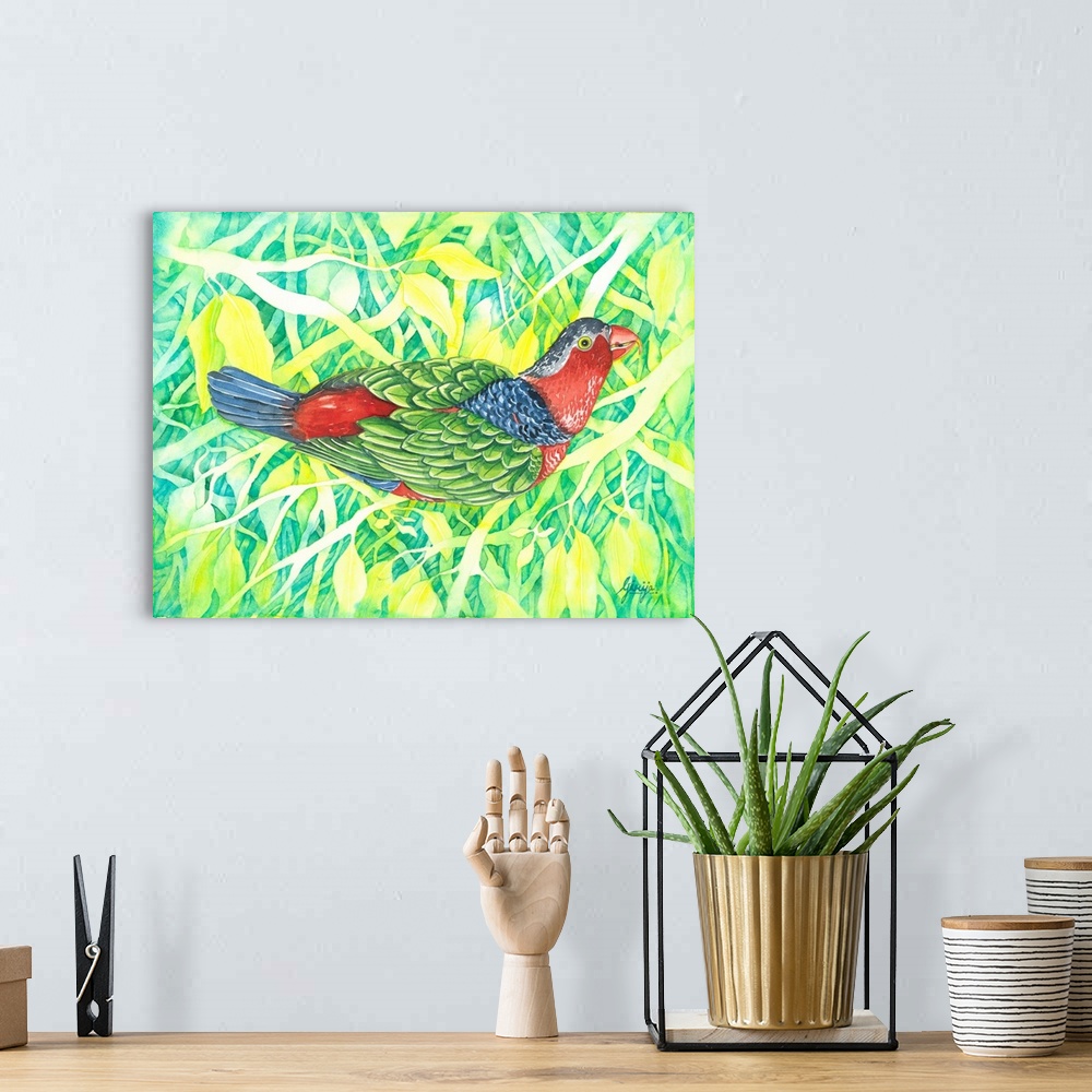 A bohemian room featuring The australian king parrot has a red, blue, green, gray, yellow like rainbow colors, painted in w...