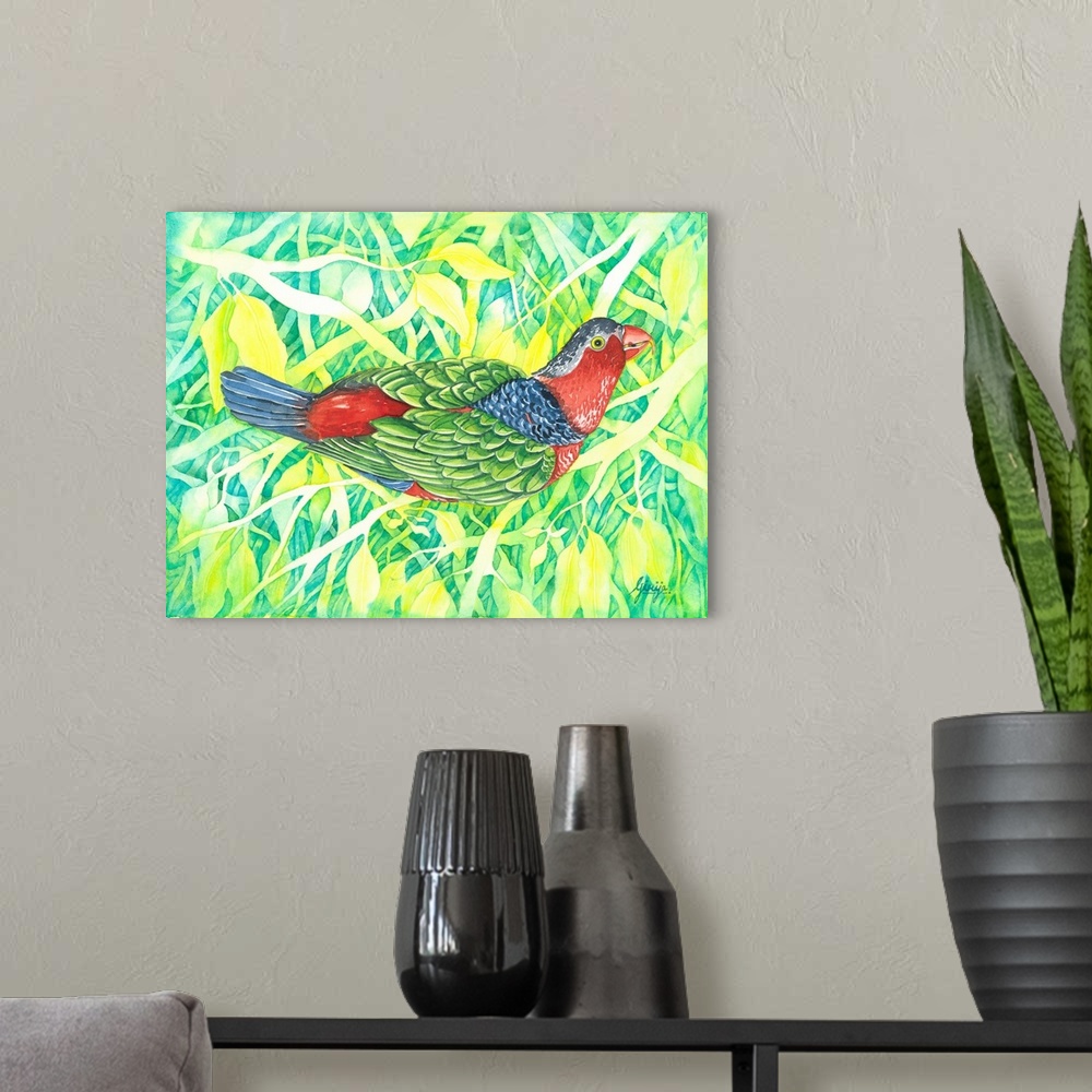 A modern room featuring The australian king parrot has a red, blue, green, gray, yellow like rainbow colors, painted in w...