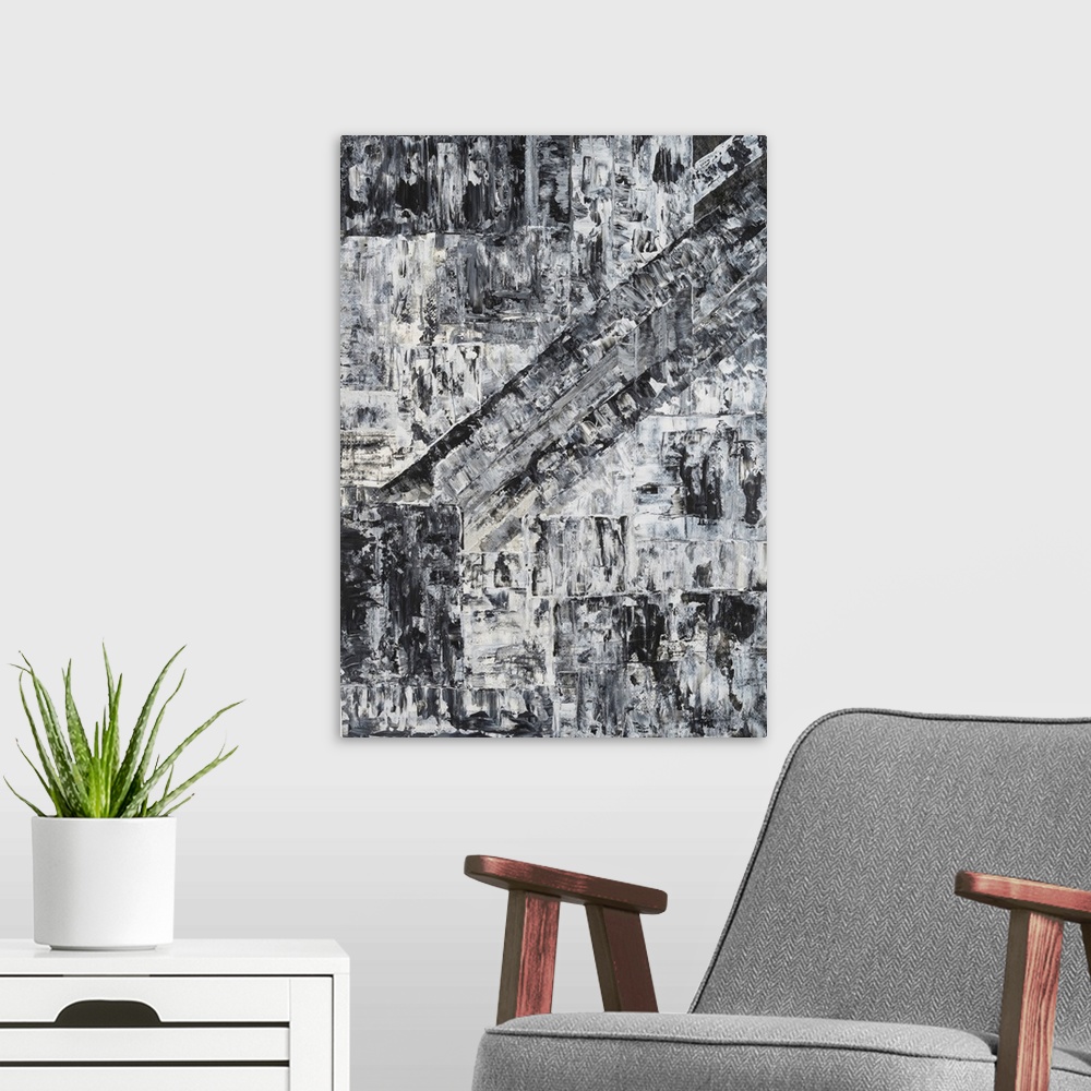 A modern room featuring Painting on paper of a mirage of light re - enforced with black geometric form.