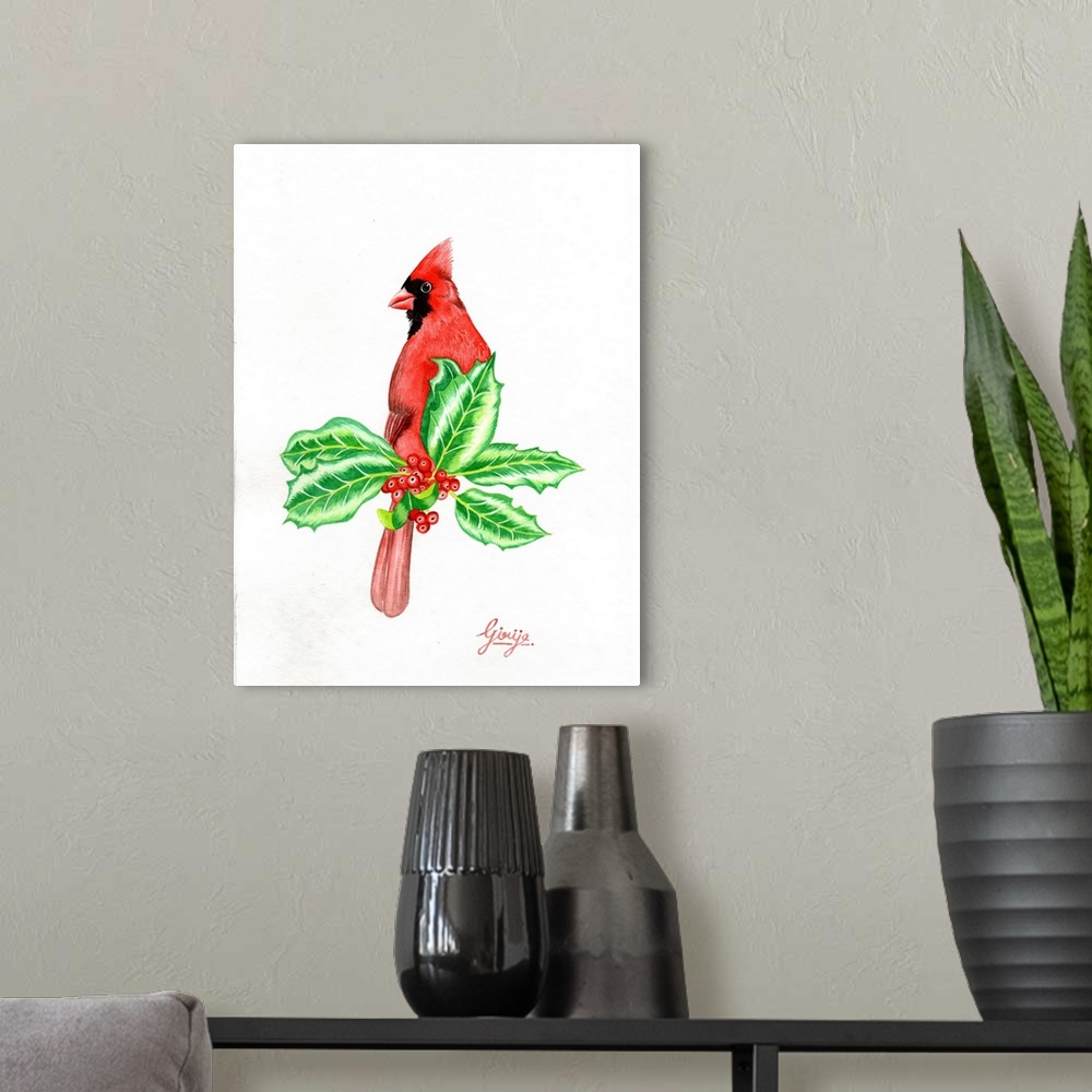 A modern room featuring The adult male of northern cardinal is a brilliant crimson red color with a black face mask over ...
