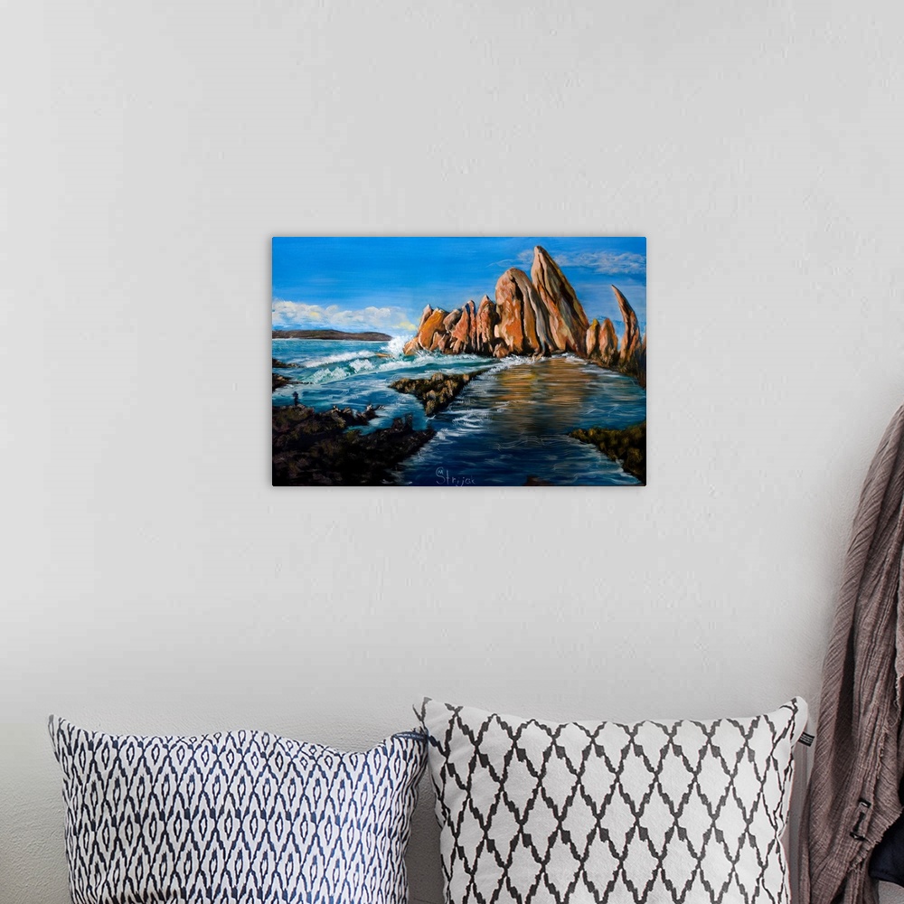A bohemian room featuring Painting of the monumental formations of red rocks at the Broulee beach, basking in the soft ligh...