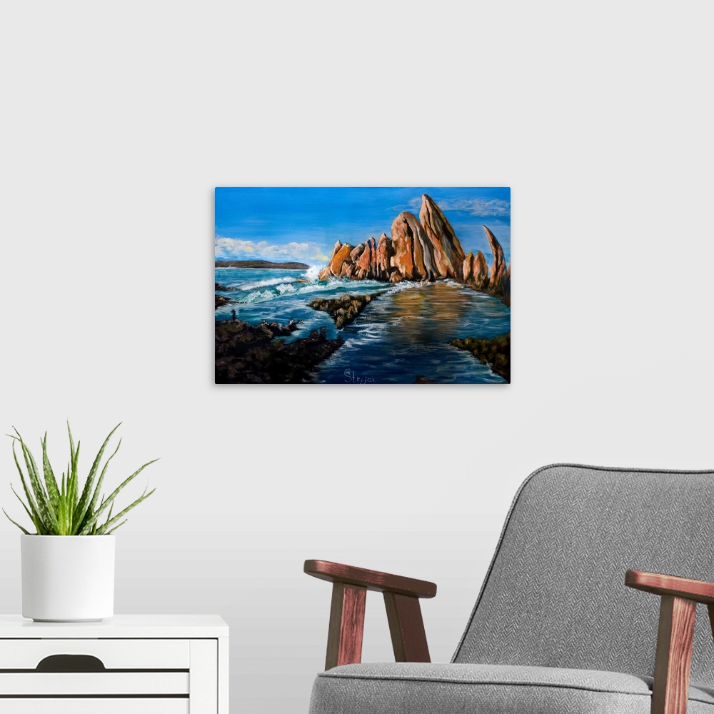 A modern room featuring Painting of the monumental formations of red rocks at the Broulee beach, basking in the soft ligh...