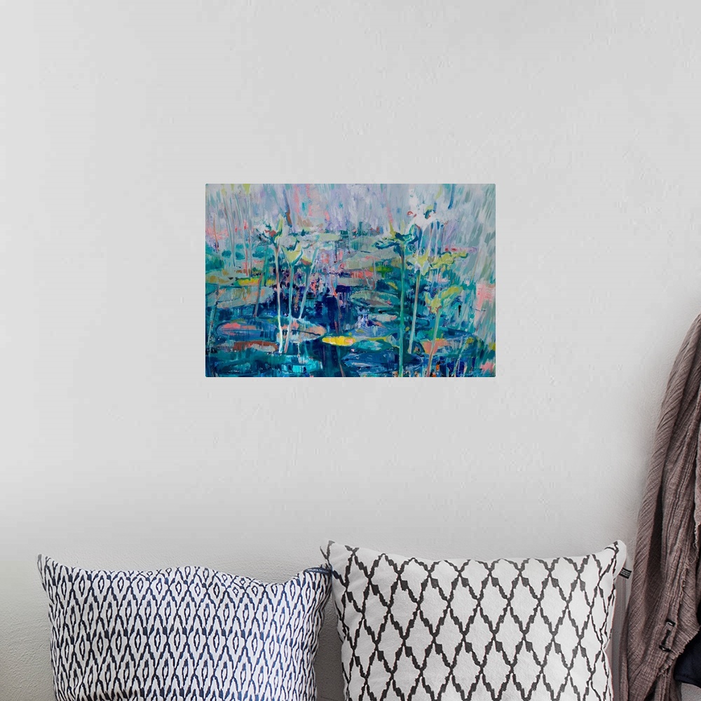 A bohemian room featuring An abstract of waterlilies in a small pond, partly in shade and under the bright morning light.