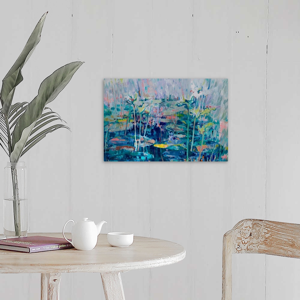 A farmhouse room featuring An abstract of waterlilies in a small pond, partly in shade and under the bright morning light.